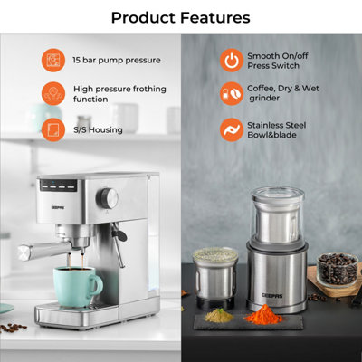 GEEPAS 1450W Espresso & Cappuccino Coffee Machine & 200W Coffee Grinder Combo Set Milk Frother 1.4L