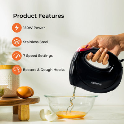 Geepas 150W Hand Mixer, Electric Handheld Food Collection Hand Mixer for Baking - 7 Speed Function with Turbo Function