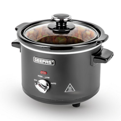 Geepas 2.5 Litre Slow Cooker 3 Temperature Settings Removable Easy Clean Ceramic Bowl Tempered Glass Lid Cool Touch Handles