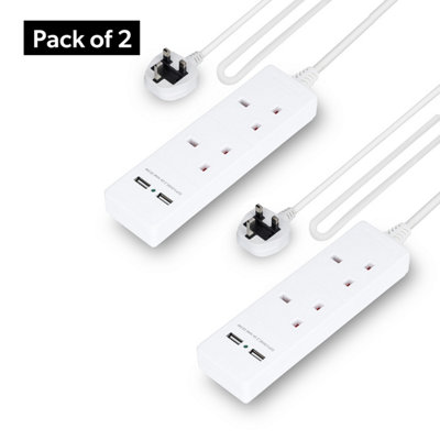 GEEPAS 2 Gang Extension Lead, 2M Cable Wall Mountable with 2 USB Ports ...