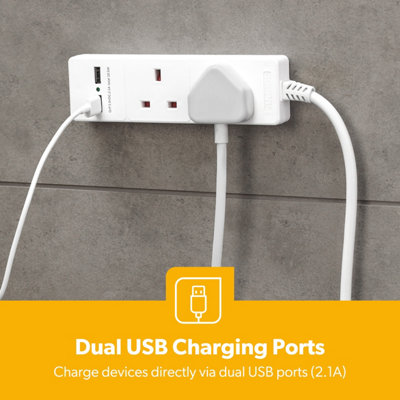 GEEPAS 2 Gang Extension Lead, 2M Cable with 2 USB Ports