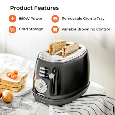 Geepas 2 Slice Bread Toaster with Removable Crumb Tray Defrost Reheat & Cancel Function, Black