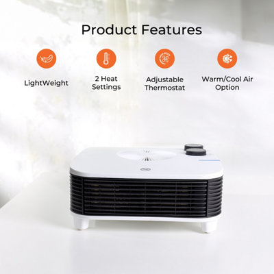 Geepas 2kW Flat Fan Heater with Adjustable Thermostat Cool/Warm/Hot
