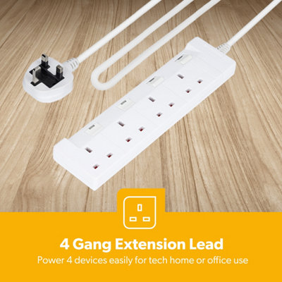 GEEPAS 4 Gang Extension Lead, 2M Cable 4-Way Plug Extension Cable