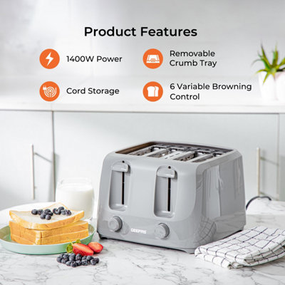 Geepas 4 Slice 1400W Bread Toaster with 6 Level Browning Control Removable Crumb Tray, Cancel Function, Cord Storage - Grey