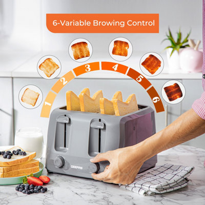 Geepas 4 Slice 1400W Bread Toaster with 6 Level Browning Control Removable Crumb Tray, Cancel Function, Cord Storage - Grey