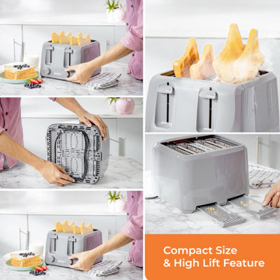 Geepas 4 Slice 1400W Bread Toaster with 6 Level Browning Control Removable Crumb Tray, Cancel Function, Cord Storage - Grey