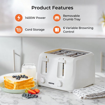 Geepas 4 Slice 1400W Bread Toaster with 6 Level Browning Control Removable Crumb Tray, Cancel Function, Cord Storage - White