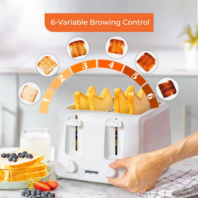 Geepas 4 Slice 1400W Bread Toaster with 6 Level Browning Control Removable Crumb Tray, Cancel Function, Cord Storage - White