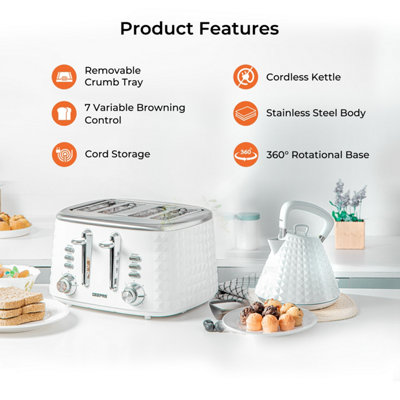 Geepas 4 Slice Bread Toaster & 1.5L Cordless Electric Kettle Combo Set with Textured Design 1750W Toastie Machine, White