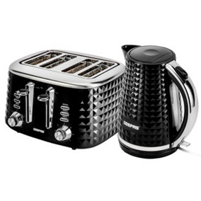 Geepas 4 Slice Bread Toaster & 1.7L Cordless Electric Kettle Combo Set with Textured Design, Black