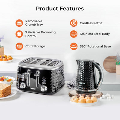 Geepas 4 Slice Bread Toaster & 1.7L Cordless Electric Kettle Combo Set with Textured Design, Black
