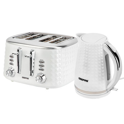 Geepas 4 Slice Bread Toaster & 1.7L Cordless Electric Kettle Combo Set with Textured Design, White