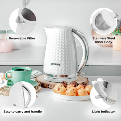 Geepas 4 Slice Bread Toaster & 1.7L Cordless Electric Kettle Combo Set with Textured Design, White