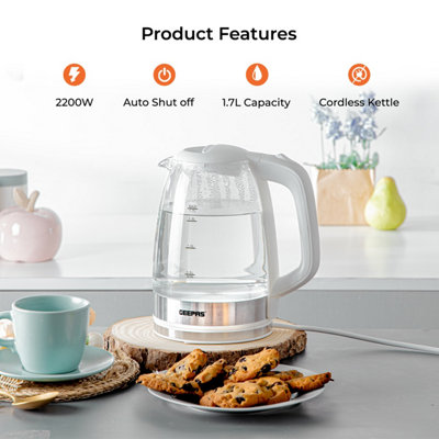 Geepas 4 Slice Bread Toaster & 1.7L Illuminating Electric Glass Kettle Set 2200W, White