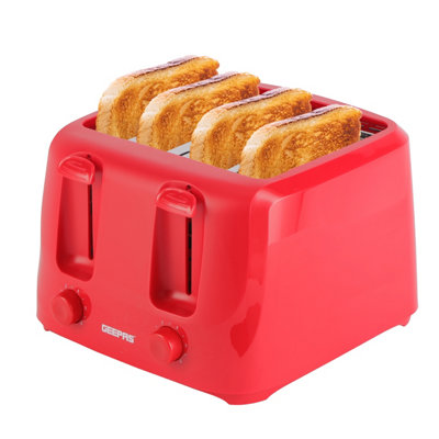 Geepas 4 Slice Bread Toaster Red with Extra Wide Slots 6 Level Browning Control