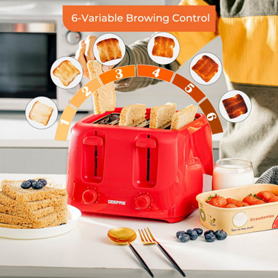 Geepas 4 Slice Bread Toaster Red with Extra Wide Slots 6 Level Browning Control