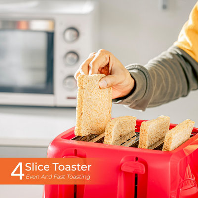 Geepas 4 Slice Bread Toaster Red with Extra Wide Slots 6 Level Browning Control
