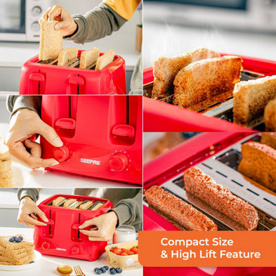 Geepas 4 Slice Bread Toaster Red with Extra Wide Slots 6 Level Browning Control
