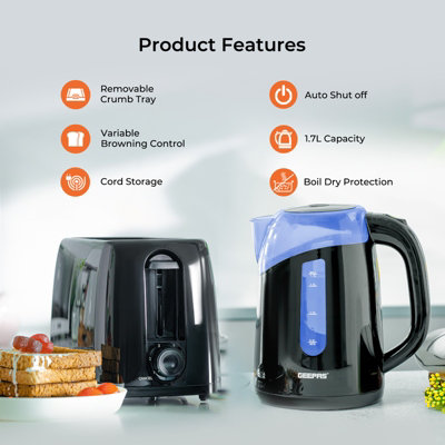 Geepas 650W 2 Slice Bread Toaster & 2200W Illuminating Electric Kettle Combo Set, 2 year warranty- Black