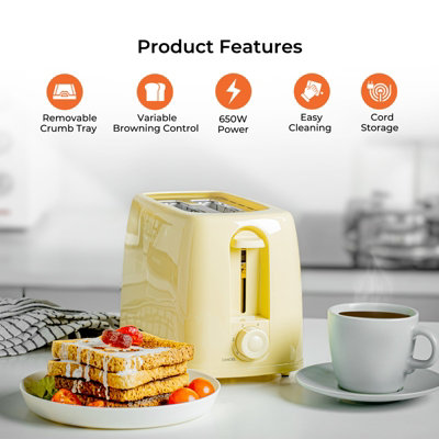 Geepas 650W 2 Slice Bread Toaster with 6 Level Browning Control Removable Crumb Tray, Cancel Function, Cord Storage - Beige