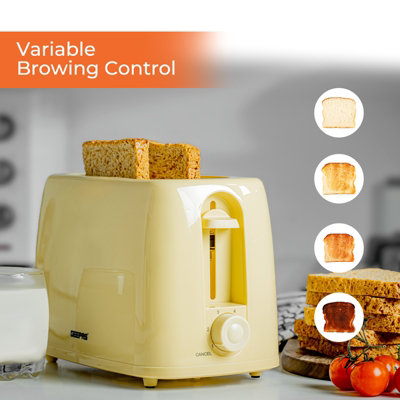 Geepas 650W 2 Slice Bread Toaster with 6 Level Browning Control Removable Crumb Tray, Cancel Function, Cord Storage - Beige