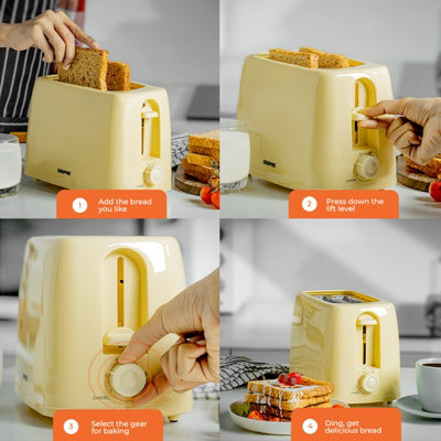 Geepas 650W 2 Slice Bread Toaster with 6 Level Browning Control Removable Crumb Tray, Cancel Function, Cord Storage - Beige