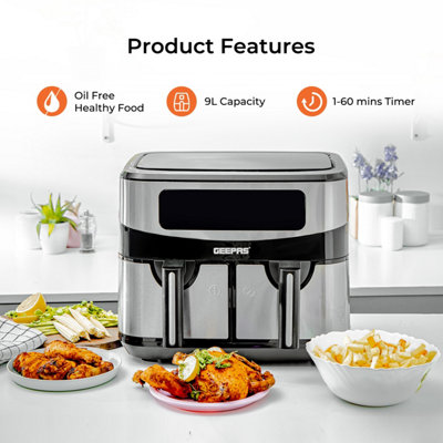 Geepas 9 Litre Dual Basket Air Fryer Digital with LED Timer & Temperature Touchscreen