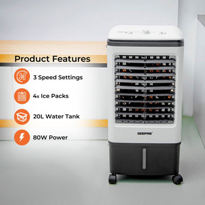 Geepas Air Cooler Evaporative, 20L - 3 Speed Settings & 3 Wind Modes, 4Pcs Ice Box, 80W Portable Cooling Fan