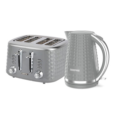 Geepas Argyle 4 Slice Bread Toaster & 1.7L Cordless Electric Kettle Combo Set with Textured Design, Grey