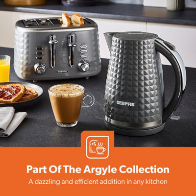 Geepas Argyle 4 Slice Bread Toaster & 1.7L Cordless Electric Kettle Combo Set with Textured Design, Grey