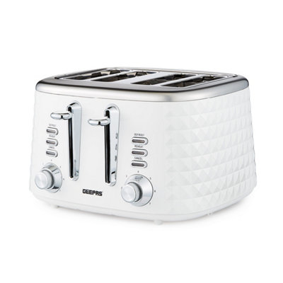 Geepas Argyle 4 Slice Bread Toaster with 7 Level Browning Control 1750W, White