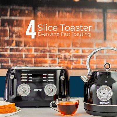 Geepas Black Electric Kettle & 4 Slice Bread Toaster Kitchen Set Temperature Display