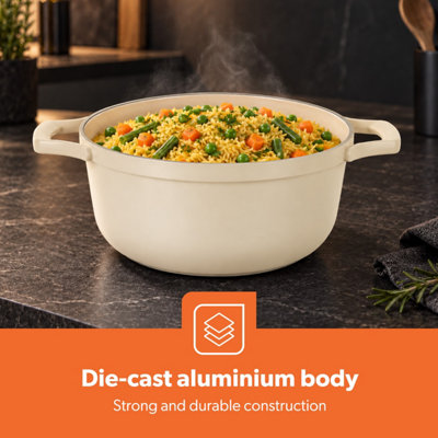 GEEPAS Cream 24cm Die-Cast Casserole Pot with Lid Ceramic-Coated ...