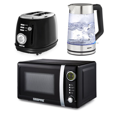 GEEPAS Electric Kettle 2 Slice Bread Toaster & Microwave Kitchen Set 1.7L Rtrovive Kettle, 2 Slice Toaster & 700W Microwave, Black