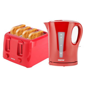Geepas Electric Kettle & 4 Slice Bread Toaster Kitchen Combo Set 2200W 1.7L Cordless Jug Red