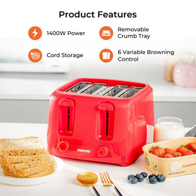 Geepas Electric Kettle & 4 Slice Bread Toaster Kitchen Combo Set 2200W 1.7L  Cordless Jug Red