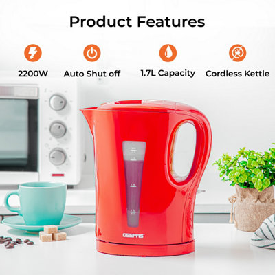 Geepas Electric Kettle & 4 Slice Bread Toaster Kitchen Combo Set 2200W 1.7L Cordless Jug Red