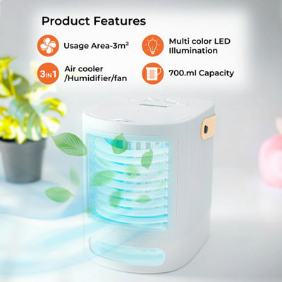Geepas Portable Air Cooler 4 in 1 Mobile Mini Air Conditioner Fan, Humidifier with Multicolour LED Lights