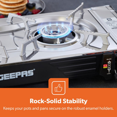 Geepas Portable Camping Gas Stove, Double Burner BBQ Cooker, Outdoor Grill  Plate Automatic Ignition System, Enamel Pan Support | DIY at Bu0026Q