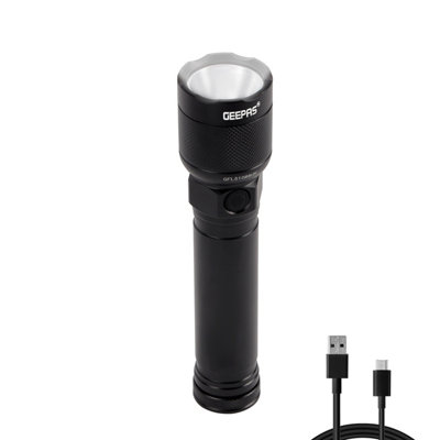 GEEPAS Portable Flashlight Bright Torch 500 Lumens, 200M Distance Range Waterproof IPX5, USB Charging