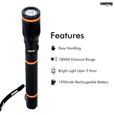 Geepas Rechargeable LED Flashlight Waterproof Hyper Bright CREE LED Torch Light 1000M Range