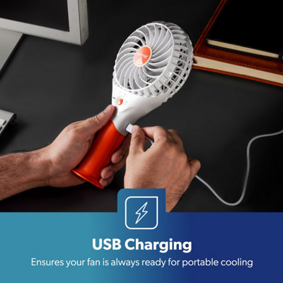 Geepas Rechargeable Mini Desk Fan with 3 Speed Electric USB Travel Fan, Orange