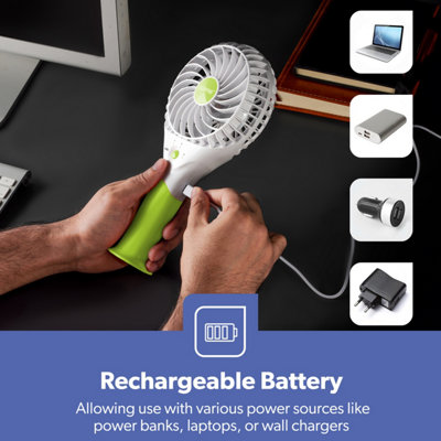 Geepas Rechargeable Mini Fan Personal Portable Fan with 3 Speed Options, Green