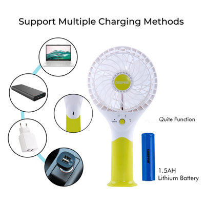 Geepas Rechargeable Mini Fan Personal Portable Fan with 3 Speed Options, Green