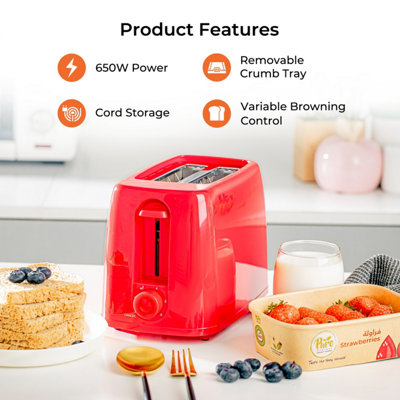 Geepas Red 2 Slice Bread Toaster with 6 Level Browning Control