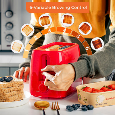 Geepas Red 2 Slice Bread Toaster with 6 Level Browning Control