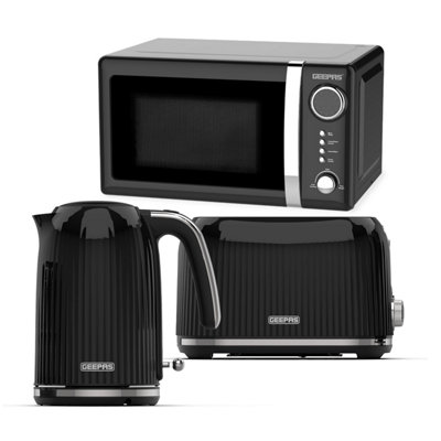 Geepas Retrovive Collection Electric Kettle 2 Slice Bread Toaster & Digital Microwave Kitchen Set, Black