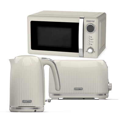 Geepas Retrovive Collection Electric Kettle 2 Slice Bread Toaster & Digital Microwave Kitchen Set, Cream