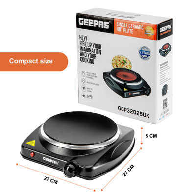 Geepas 1000W Single Hot Plate for Flexible & Precise Table Top Cooking -  Cast Iron Heating Plate - Portable Electric Hob with Temperature Control